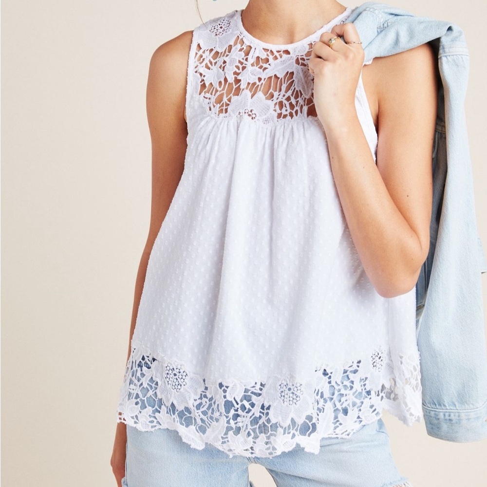 Anthropologie White Lace-Trim Sleeveless Blouse